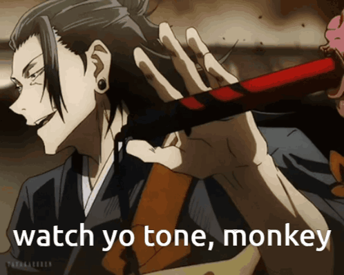 A Man In A Kimono Is Holding A Red And Black Stick With The Words Watch Yo Tone Monkey Written Below Him GIF