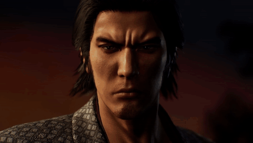 A Man In A Kimono Is Standing In A Dark Room Holding A Sword GIF