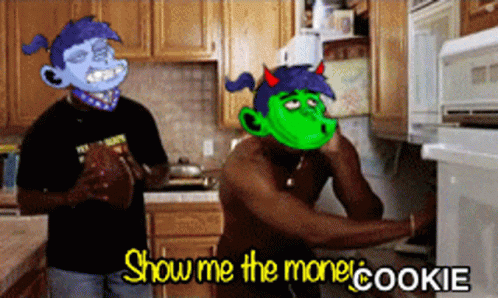 A Man In A Kitchen With A Cartoon Character On His Face And The Words Show Me The Money Cookie GIF