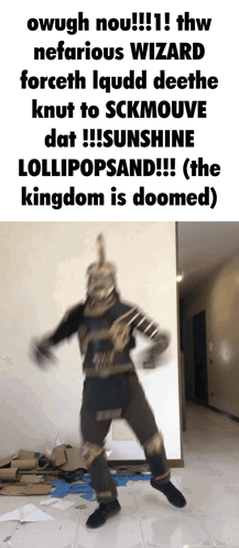A Man In A Knight Costume Is Dancing In Front Of A Wall GIF