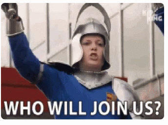 A Man In A Knight 'S Armor Is Asking Who Will Join Us ? GIF