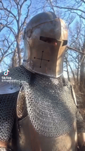 A Man In A Knight 'S Helmet And Chain Mail Is Standing In A Forest . GIF
