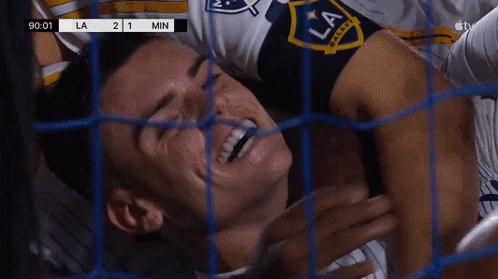 A Man In A La Jersey Laughs While Laying On The Ground GIF
