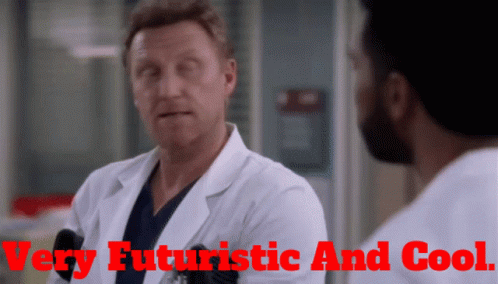 A Man In A Lab Coat Is Talking To Another Man With The Words Very Futuristic And Cool Behind Him GIF