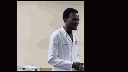 a man in a lab coat with the word hawu written above him