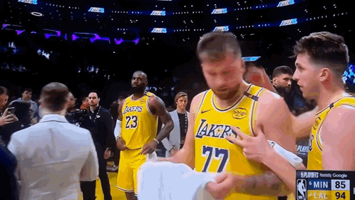 A Man In A Lakers Jersey Holds A Piece Of Paper In His Hand GIF