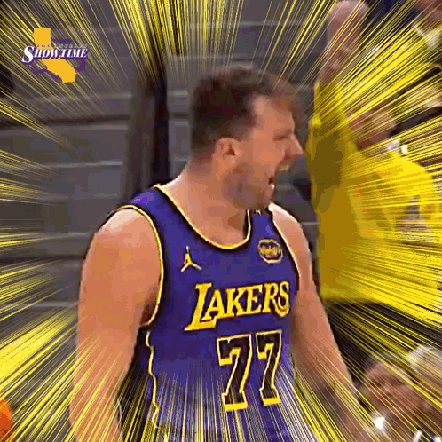 A Man In A Lakers Jersey Is Screaming GIF