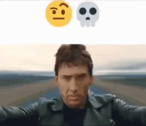 A Man In A Leather Jacket Is Driving Down A Road With A Smiley Face And A Skull Behind Him . GIF
