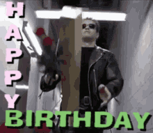 A Man In A Leather Jacket Is Holding A Cardboard Box With The Words Happy Birthday On It GIF