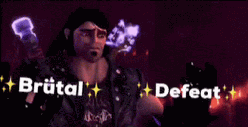 A Man In A Leather Jacket Is Holding A Fist And The Words Brutal And Defeat Are Written Above Him . GIF