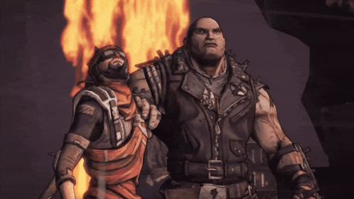 A Man In A Leather Jacket Is Standing Next To Another Man GIF