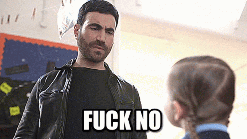 A Man In A Leather Jacket Is Talking To A Little Girl And The Words Fuck No Are Visible GIF