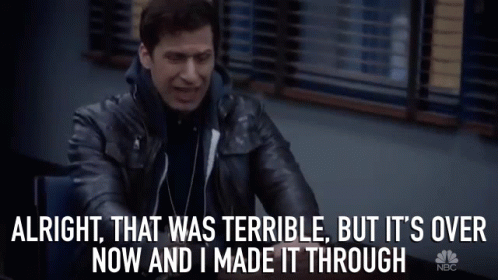 A Man In A Leather Jacket Says " Alright That Was Terrible But It 'S Over Now And I Made It Through Nbc " GIF