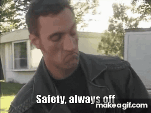 A Man In A Leather Jacket Says Safety Always Off Make A Gif.com GIF