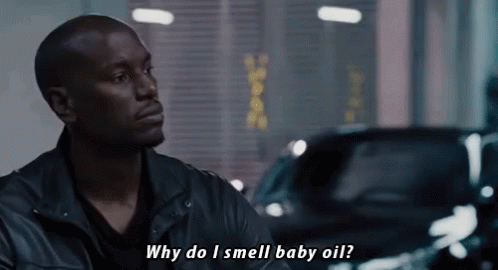 A Man In A Leather Jacket Says Why Do I Smell Baby Oil . GIF