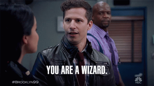 a man in a leather jacket says " you are a wizard " in front of a woman
