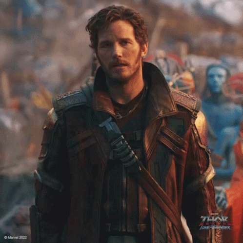 A Man In A Leather Jacket With The Word Thor On The Bottom Right GIF