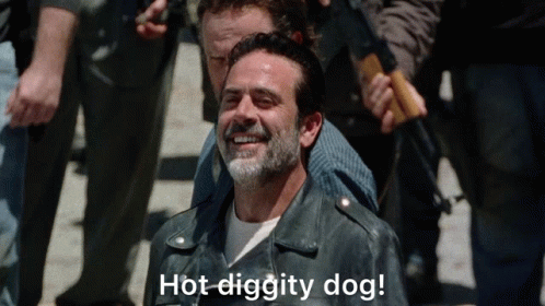 A Man In A Leather Jacket With The Words Hot Diggity Dog On The Bottom GIF