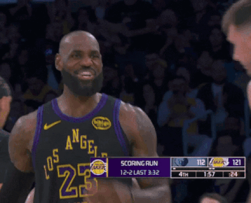 A Man In A Los Angeles Lakers Jersey Smiles GIF