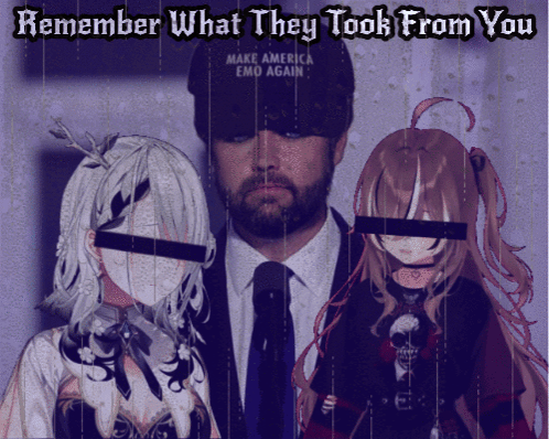 A Man In A Make America Emo Again Hat Stands With Two Anime Girls GIF