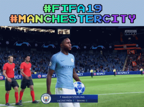 A Man In A Manchester City Jersey Holds A Soccer Ball On A Field GIF