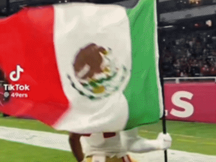 a man in a mascot costume is holding a mexican flag on a football field .