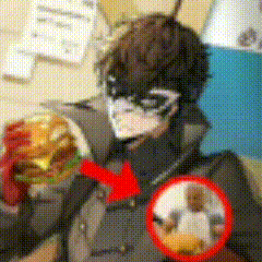 A Man In A Mask Is Eating A Hamburger With A Red Arrow Pointing To A Person In The Background GIF