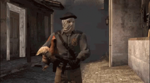 A Man In A Mask Is Holding A Chicken And A Gun In A Video Game . GIF