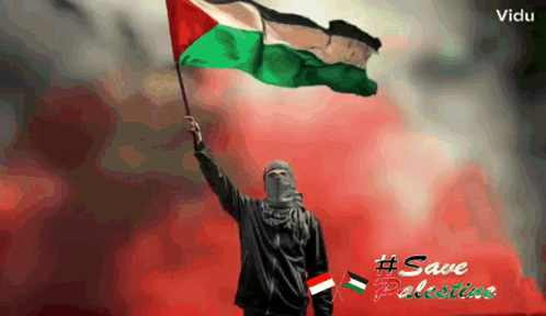 A Man In A Mask Is Holding A Palestinian Flag With The Words " Save Palestine " On The Bottom GIF