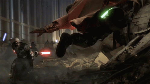 A Man In A Mask Is Holding A Red Light Saber In His Hand GIF