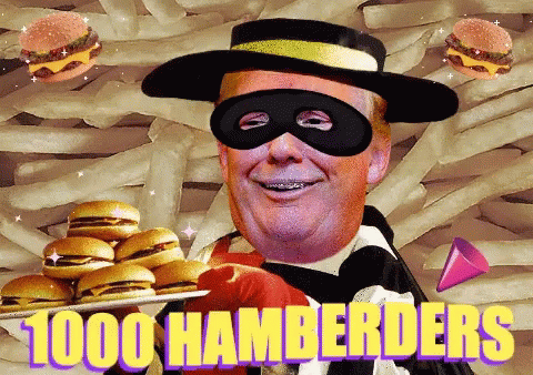 A Man In A Mask Is Holding A Tray Of Hamburgers And The Words 1000 Hamberders Are Above Him GIF