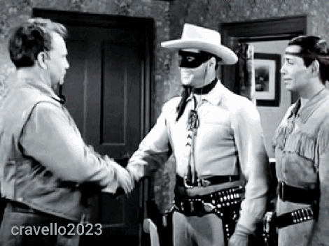A Man In A Mask Shakes Hands With A Man In A Cowboy Hat In A Black And White Photo Taken By Cravello2023 GIF