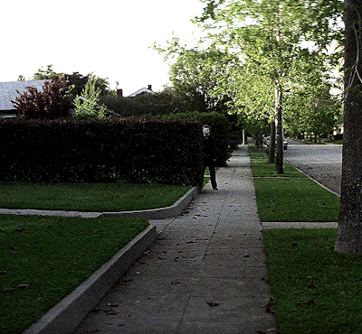 a man in a mask walks down a sidewalk in a neighborhood