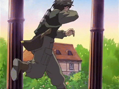 A Man In A Military Uniform Is Running In Front Of A Building GIF