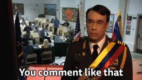a man in a military uniform is standing in front of a crowd of people and says `` you comment like that '' .