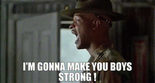 A Man In A Military Uniform Is Yelling And Saying `` I 'M Gonna Make You Boys Strong '' . GIF
