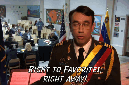 A Man In A Military Uniform Stands In Front Of A Crowd And Says Right To Favorites Right Away GIF