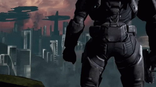 A Man In A Military Uniform Stands In Front Of A Futuristic City GIF