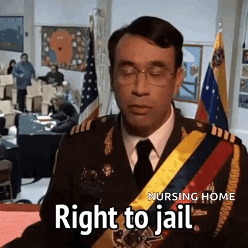 A Man In A Military Uniform With A Sash That Says Right To Jail On It GIF