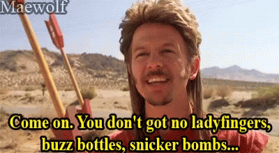 A Man In A Mullet Is Smiling And Holding A Spear And Says Come On You Don 'T Got No Lady Fingers GIF