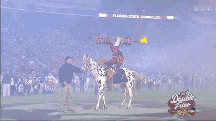 a man in a native american costume stands on a football field with a horse