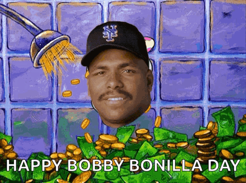 a man in a new york mets hat is showered with gold coins and says happy bobby bonilla day