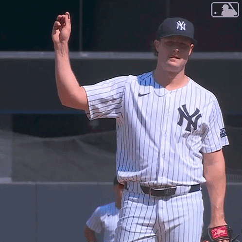 A Man In A New York Yankees Jersey Holds His Hand Up GIF