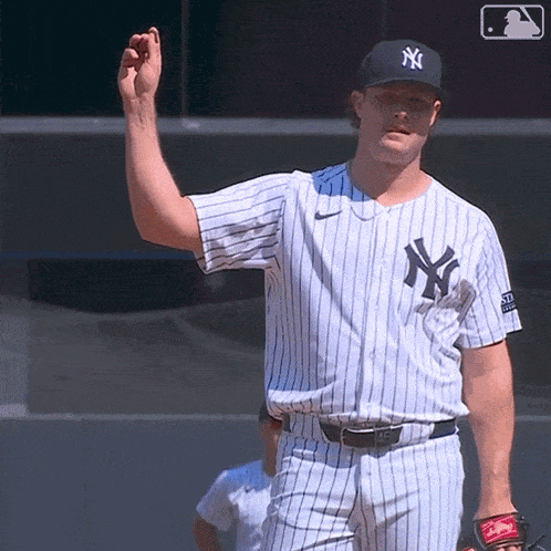 A Man In A New York Yankees Jersey Holds His Hand Up GIF