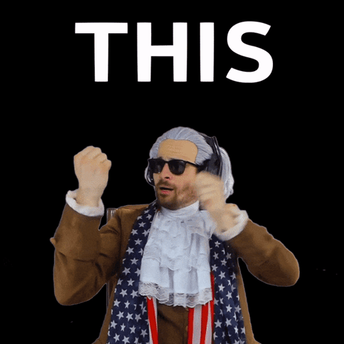 A Man In A Patriotic Costume Holds Up His Finger In Front Of A Sign That Says ' This ' GIF