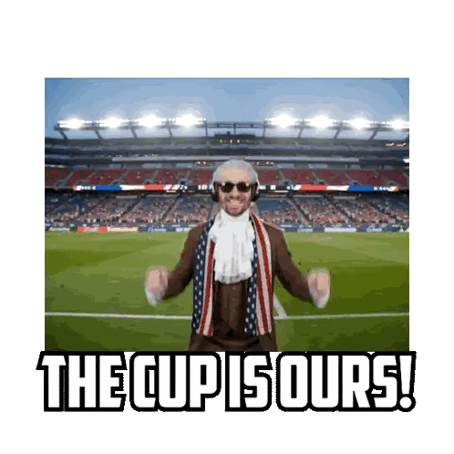 a man in a patriotic costume is standing in front of a stadium with the words the cup is ours