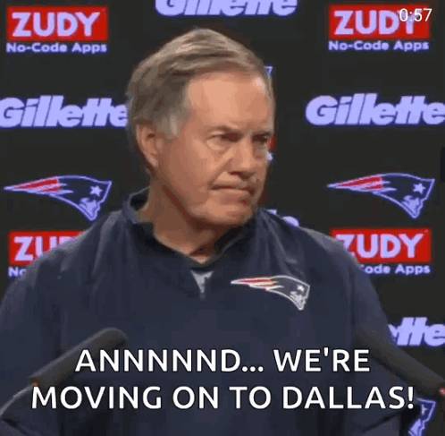 A Man In A Patriots Jersey Is Talking Into A Microphone And Says We 'Re Moving On To Dallas GIF