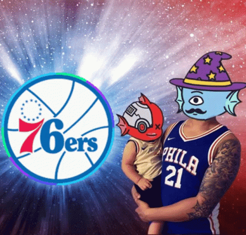 A Man In A Philadelphia Jersey Is Holding A Baby GIF