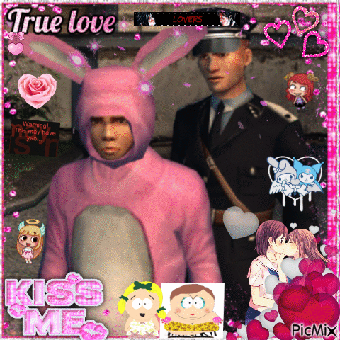 A Man In A Pink Bunny Suit Stands Next To A Man In A Black Uniform GIF