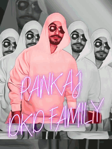 A Man In A Pink Hoodie Stands In Front Of A Neon Sign That Says Pankaj Okjo Family GIF
